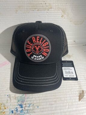 True Religion Black Buddha Face Trucker Hat